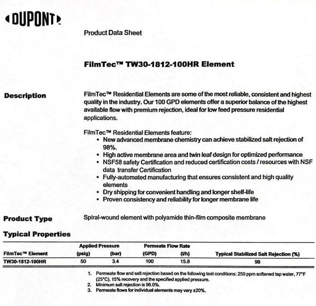 Reverse 100 GPD High TW30-1812-100HR Osmosis TFC For System Undersink Membrane Rejection (RO)