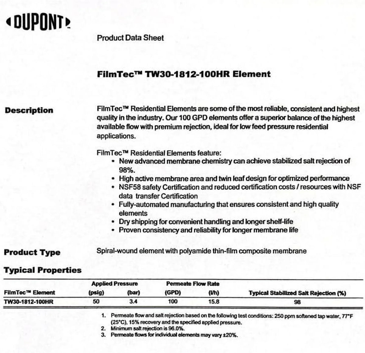 Reverse 100 GPD High TW30-1812-100HR Osmosis TFC For System Undersink Membrane Rejection (RO)