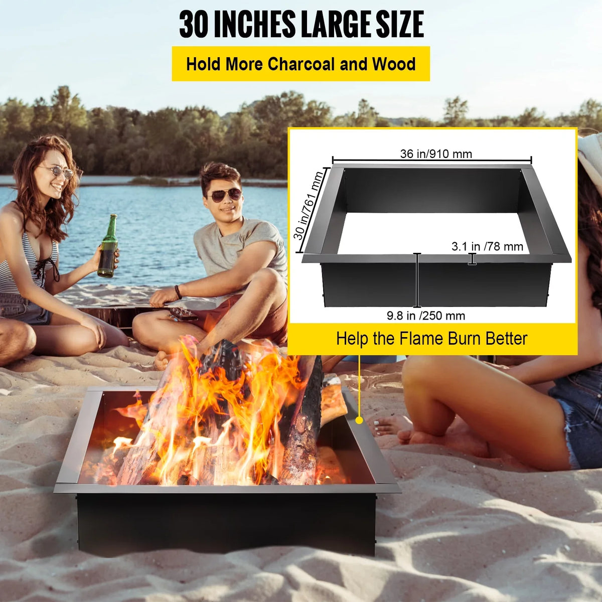 with Duty Fire Pit BENTISM Tongs Insert for Simple Patio, Ring, exterior, with Square Fire 30" Fire DIY Insert, Steel Pit Heavy Ring, Liner Installation Backyard Bonfire