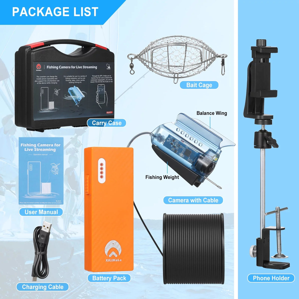 Fishing Live Mobile Bait Finder Camera with Lake Boat Cable Control Camera APP for Holder MIXFEER 50M Sea Fishing Underwater Kayak 1080P Cage Fish Video Ice Phone with Fishing Case Carry