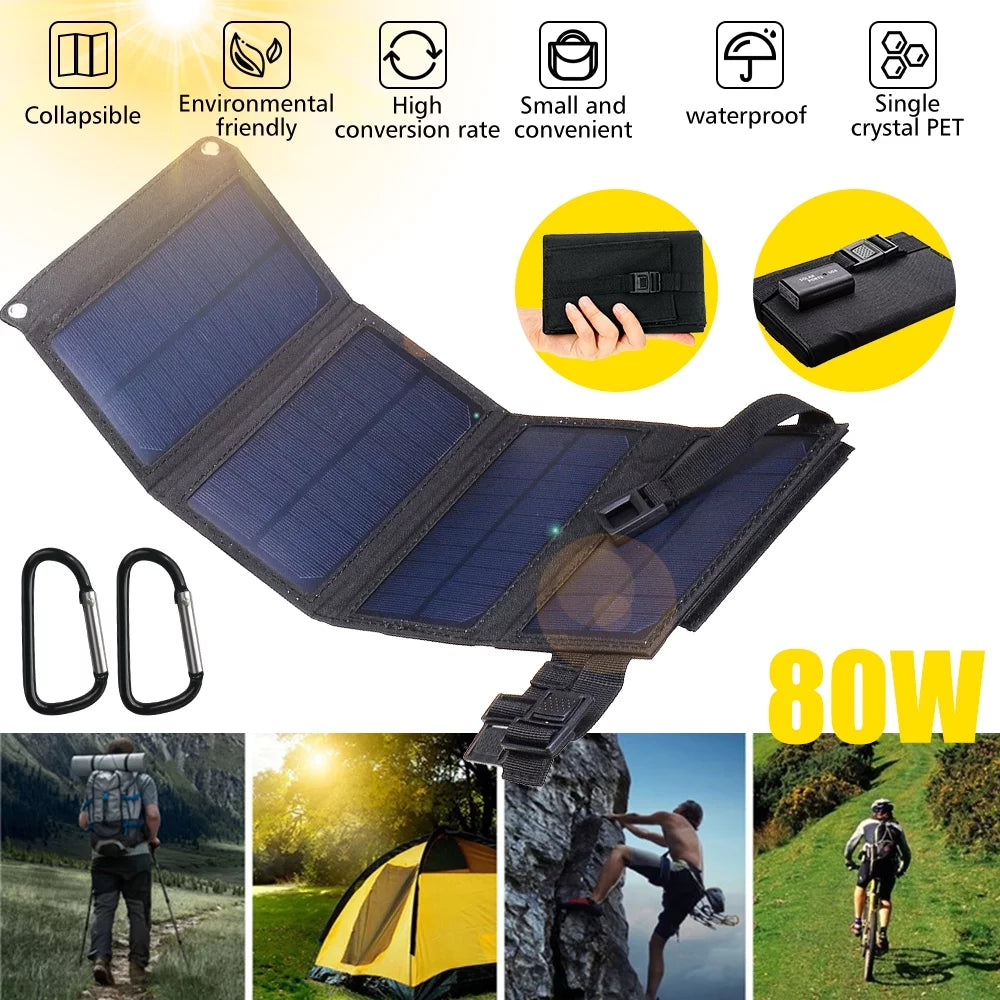 DFITO Power Hiking Charger Charger Folding Bank, for Solar exterior Kit, 80W Panel Sun Solar Panel Phone USB Power Camping Portable