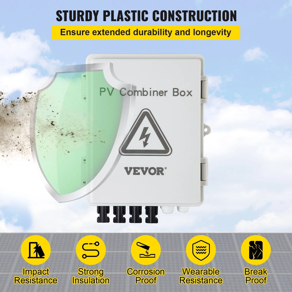 Grid Combiner VEVOR String, On Rated Breaker, IP65 Solar Box Combiner Lightning PV 15a Solar System, Panel Connector, with Off Fuse, Arreste Circuit 63a Current Box, / Waterproof for and 4 Solar