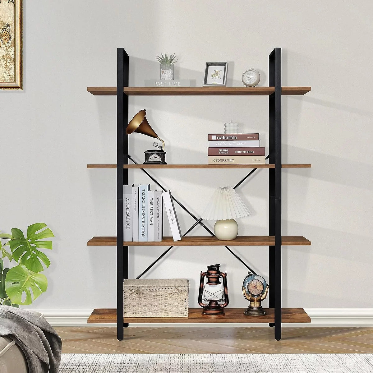 Bedroom, Rustic 4-Tier Home Office, Display Shelf, Frame, Bookcase Metal Shelves for DIQIN Open Living Bookshelf, Tall Book with Brown Room,
