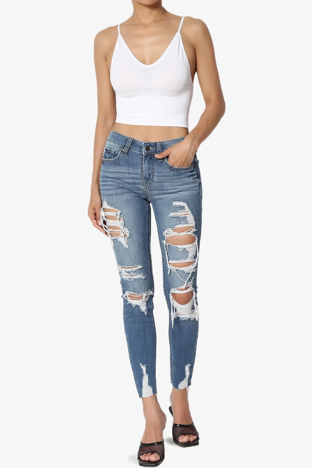Rise Stretch Mid Deep Distressed TheMogan Perfect in Jeans Skinny Ripped Women's MD