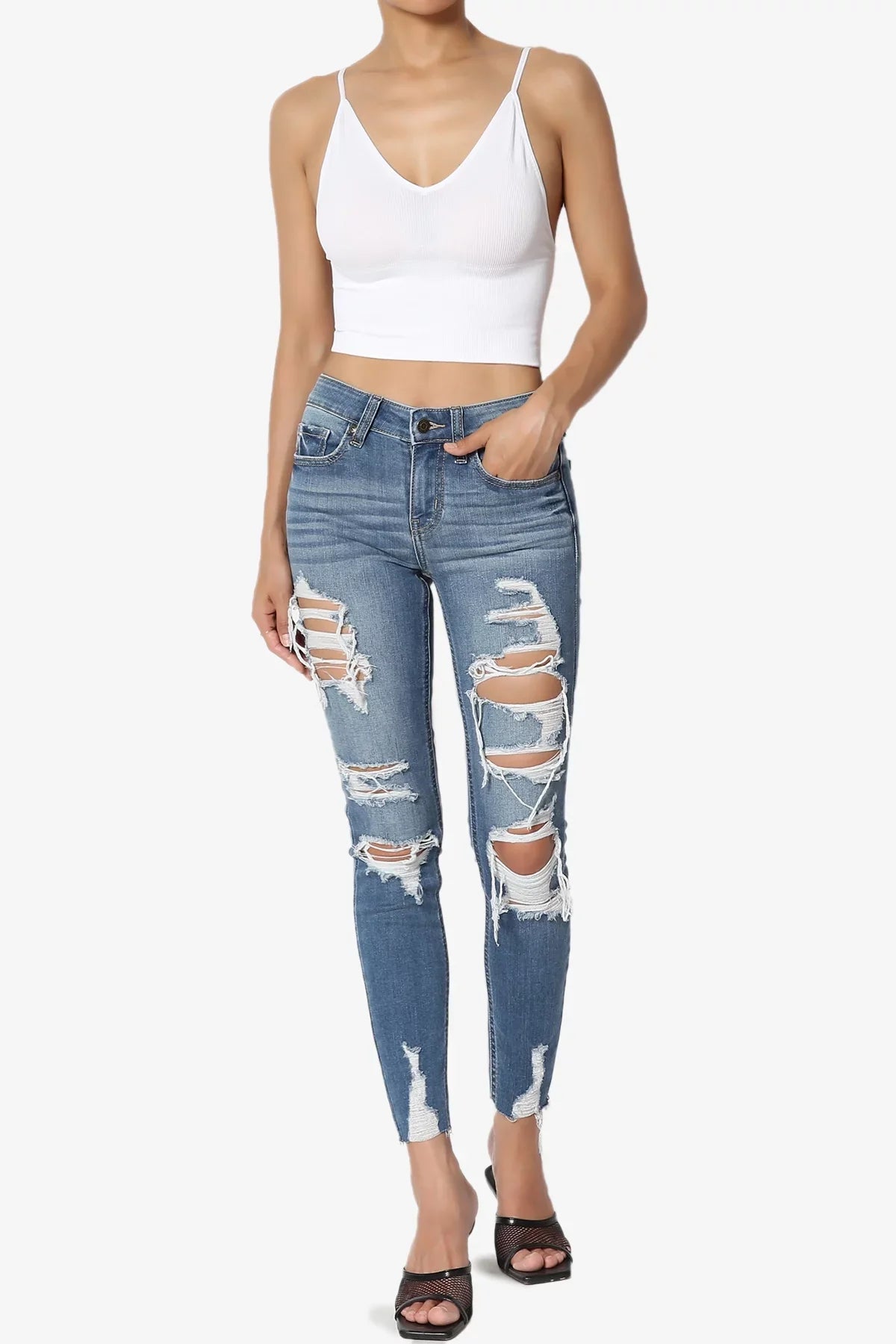 Rise Stretch Mid Deep Distressed TheMogan Perfect in Jeans Skinny Ripped Women's MD