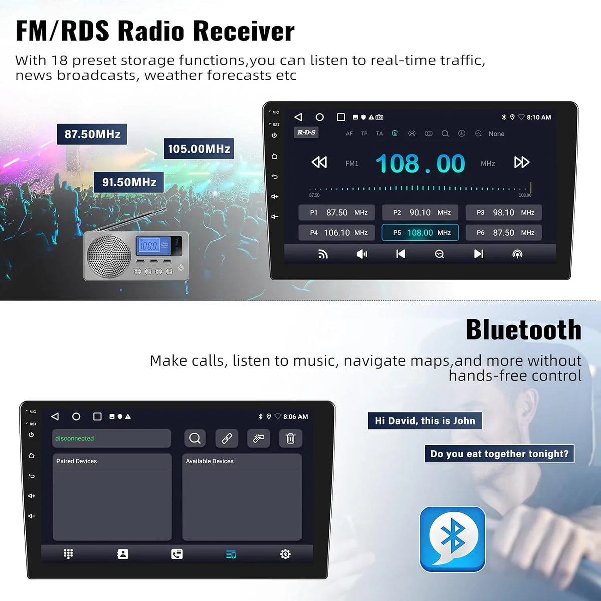 Microphone 1+32G Rear Android Car Single Auto,Navi,WiFi,Bluetooth,FM/RDS+ Radio Stereo, Android Din with Carplay Camera Handsfree,Wireless Inch Car 13 Wireless 10.1 Bluetooth