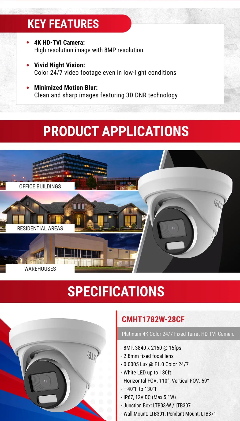 Full 247 LTS HD-TVI LTCMHT1782W-28CF 2.8mm Camera Color LED Turret 8MP/4K 131ft WDR CMHT1782W-28CF