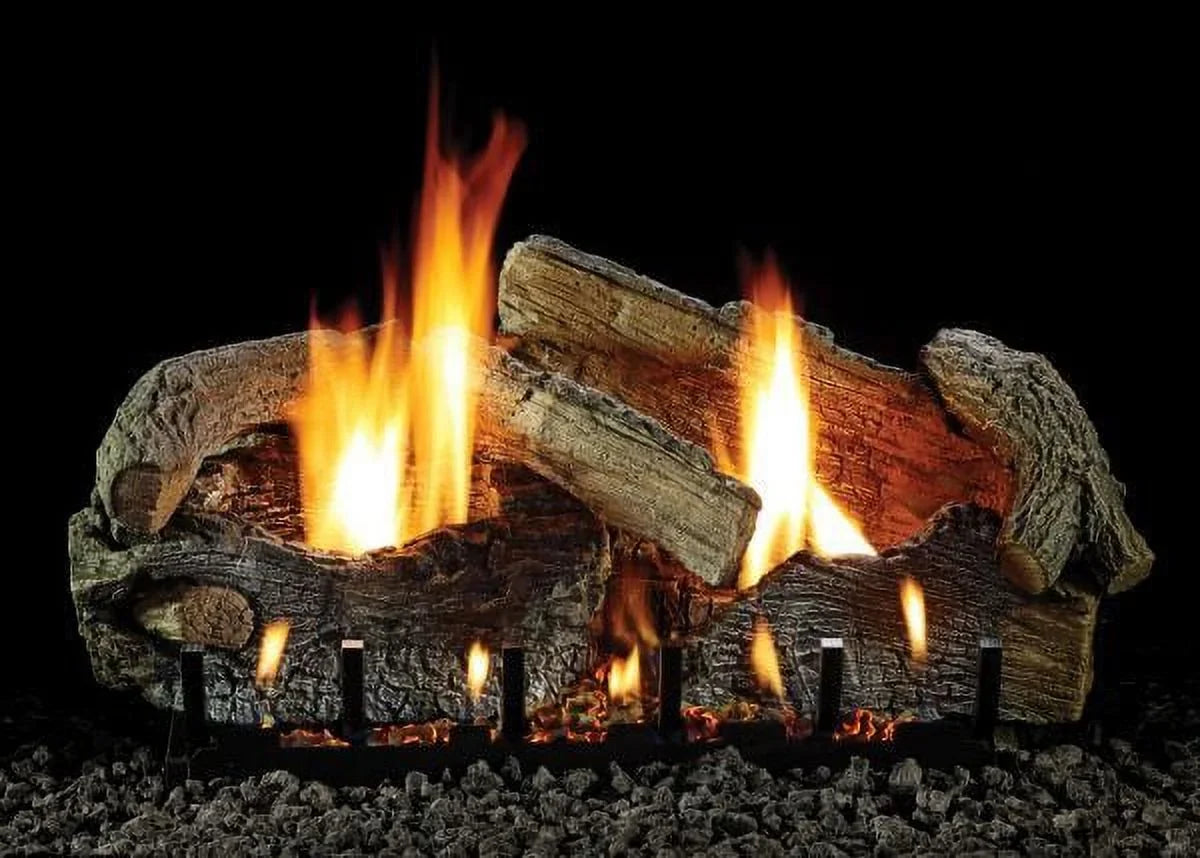 with Aged 24" Stacked Oak Slope MV Burner, Glaze LP VF/V Logset