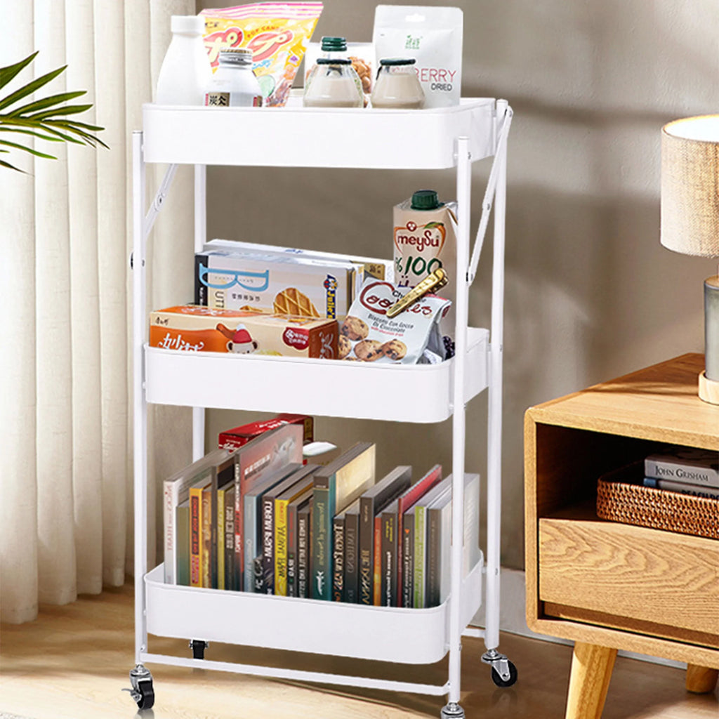 Mobile Storage Rolling Metal Multi-Function Office Folding Tier Utility 3 Foldable Rolling Storage Wheels, Cart Organizer With Cart Home for Utility Craft Cart Shelves Cart Library