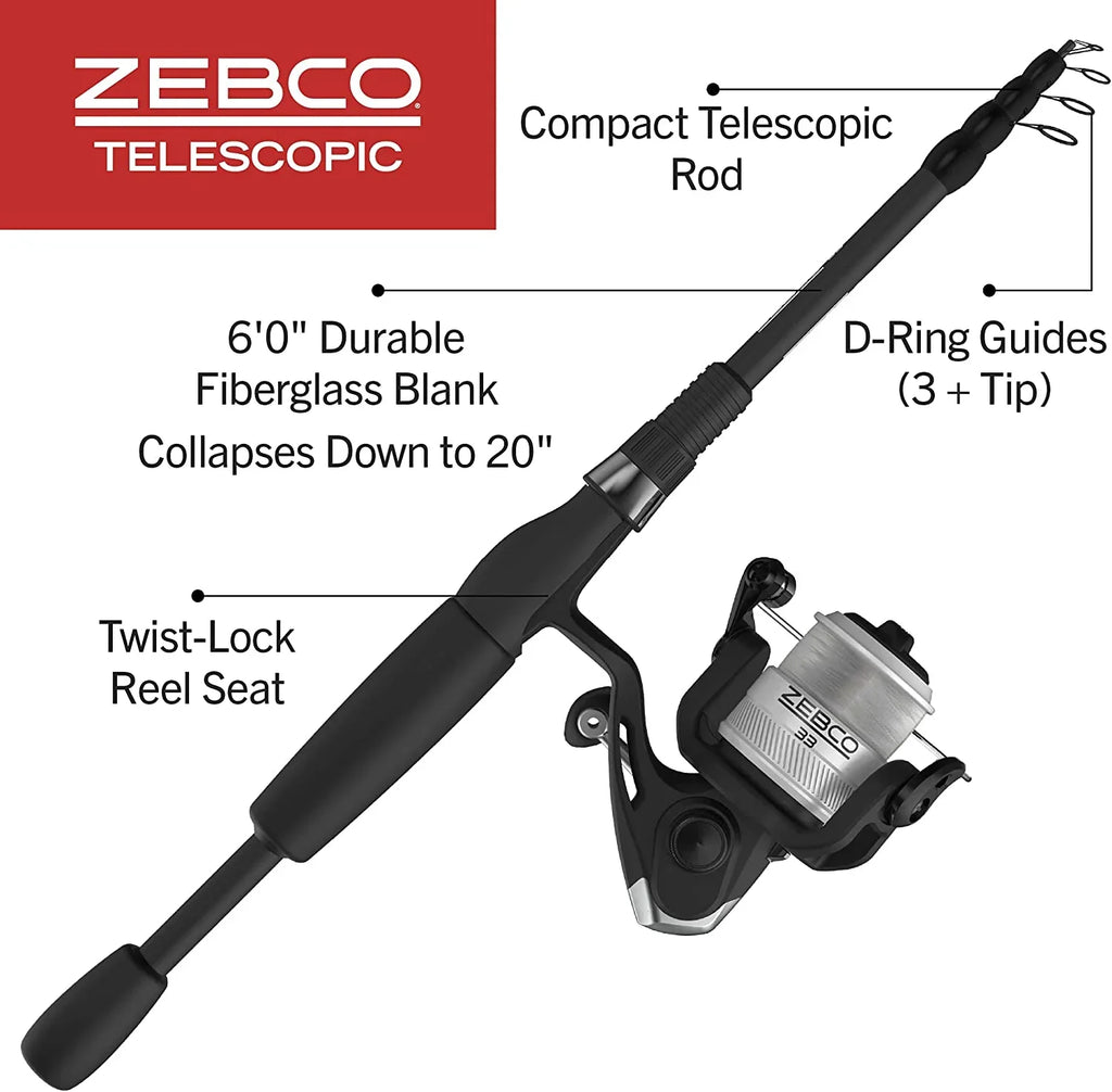dimension and Spinning Zebco Fishing 33 Reel Silver/Black Rod Rod, 6-Foot 30 Reel, Combo, Telescopic