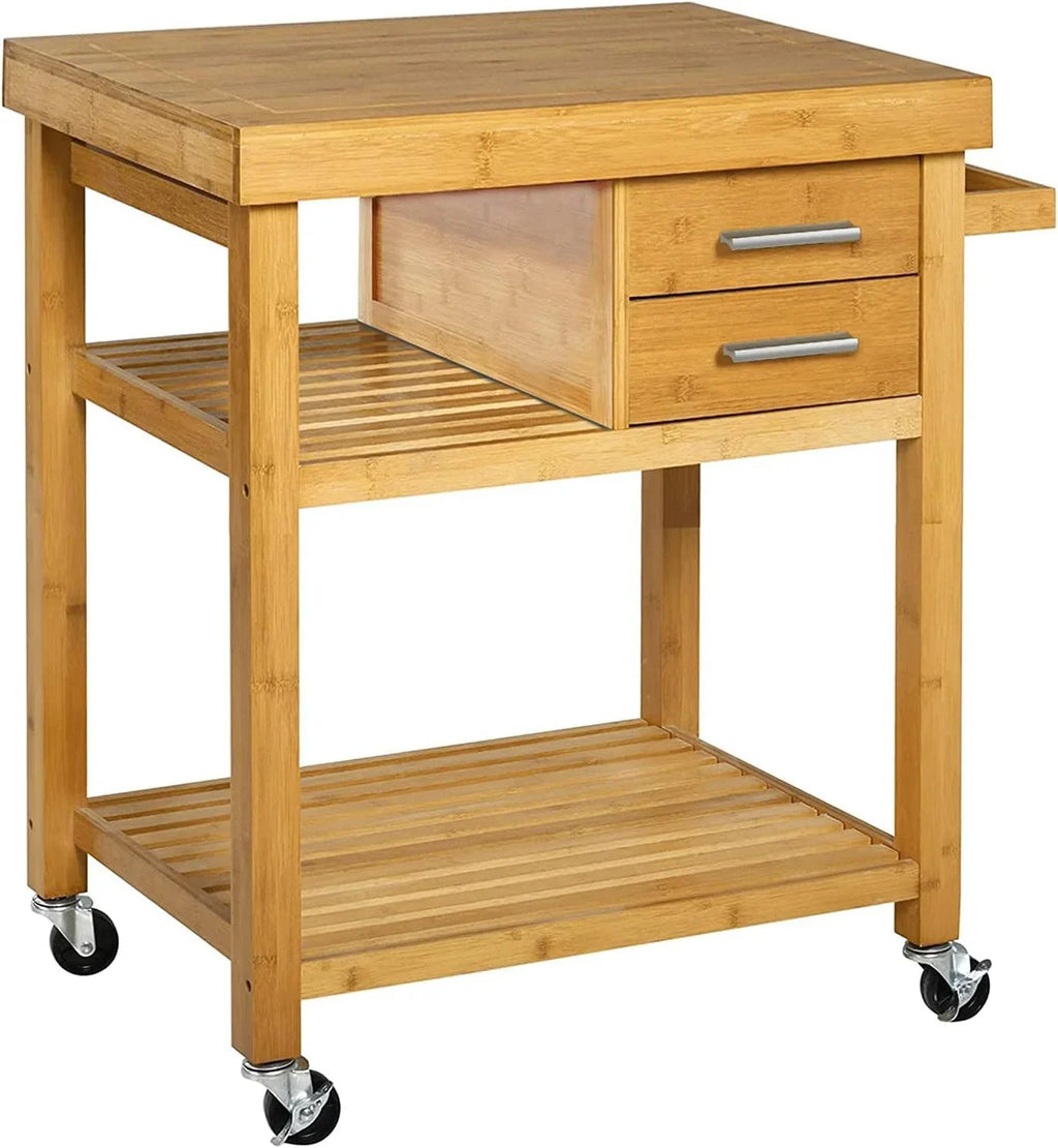 Cart Wheels, Food Cart Island Drawers Locking Towel Bamboo With On Casters, Trolley Shelves, Block Wood Prepping Kitchen Rack, Rolling Butcher