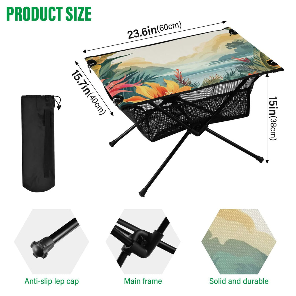 Compact Fishing Portable Table Beach Folding exterior Storage Bag Camping Picnic Travel Leaves with Palm for Table Table BBQ Landscape