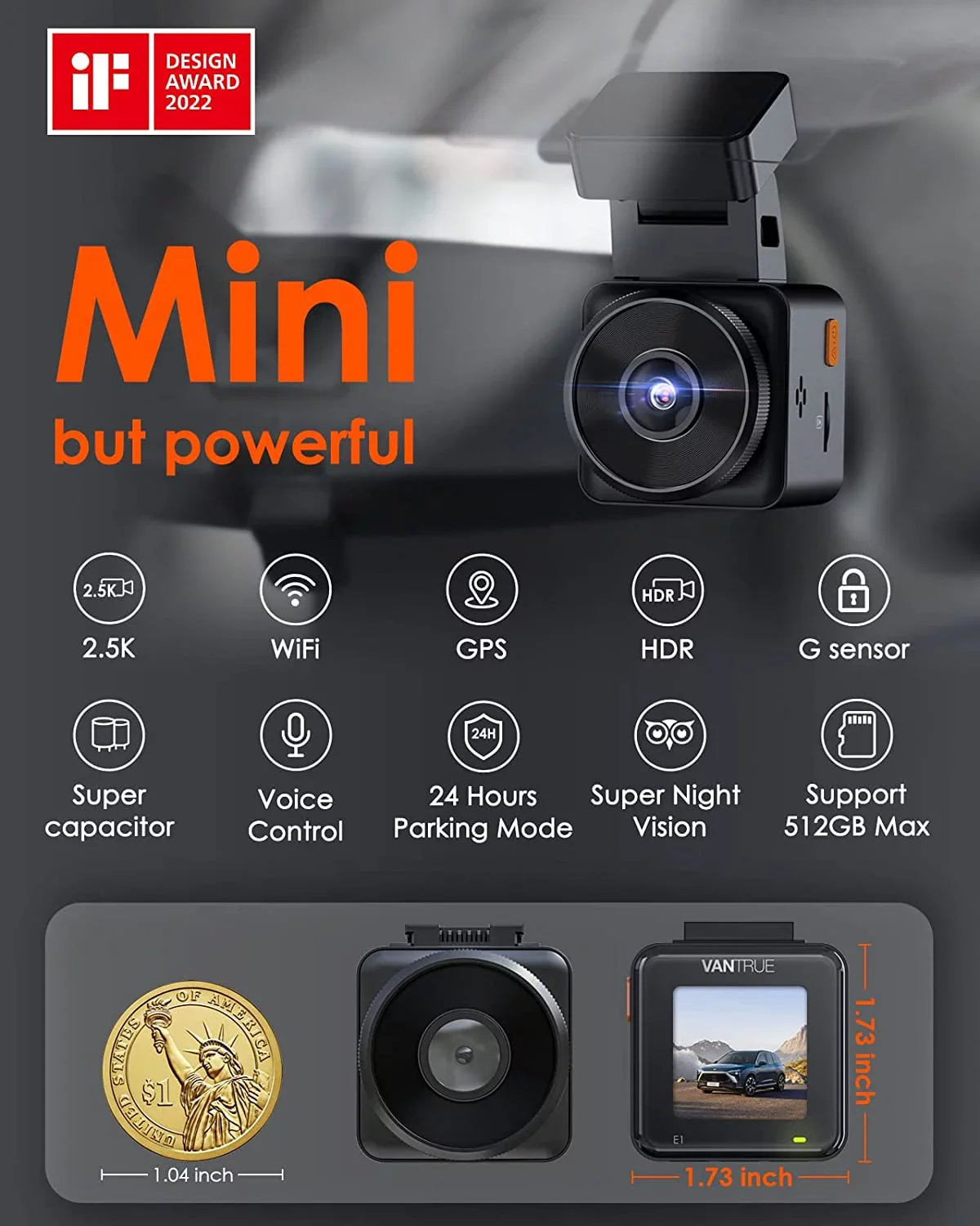 Vision, Camera, Mode, Front APP, Voice Parking GPS Detection, Control Vantrue E1 24 Max Mini Night Car Motion Support Controller, Dash Speed, WiFi 2.5K with Buffered Dash 512GB Hours Wireless and Cam