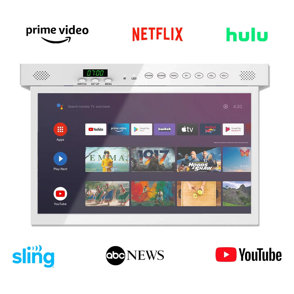 TV, SYLVOX Android TV 1080P FHD Bluetooth Cabinet TV, Under 15.6 Built-in Kitchen Support inch Smart Smart Assistant Play, WiFi