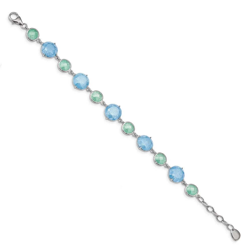 CZ Silver Ice 7.25 in Green/Blue Bracelet Q-QX970CZ Sterling w/1in ext Rhod-pltd