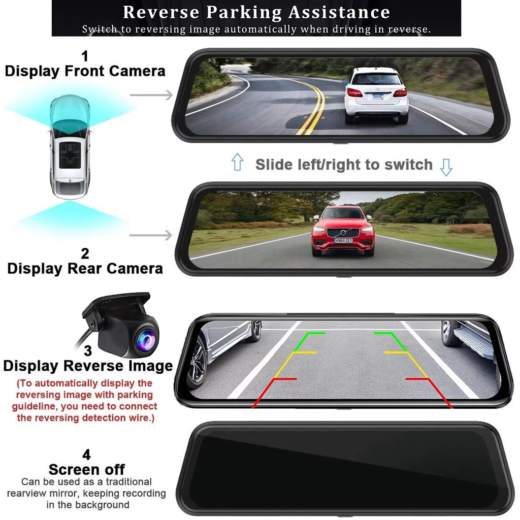 Vision, Recording Dash Camera Touch Loop Cam 10" Rear Backup Dual Motion Assistance, Screen Kit View, and Camera, Mirror Front Detection,Reversing 1080P Night Super for Dash Cars,