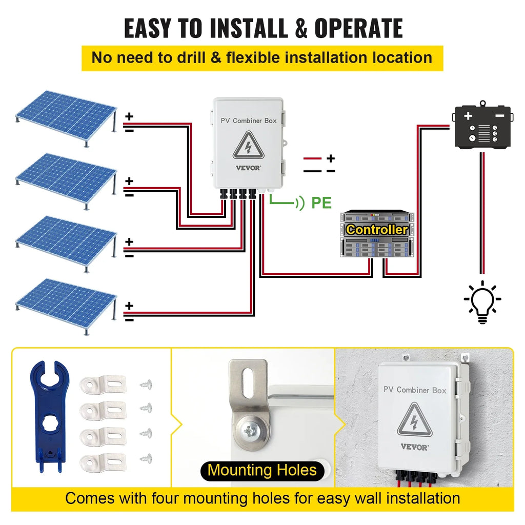 Grid Combiner VEVOR String, On Rated Breaker, IP65 Solar Box Combiner Lightning PV 15a Solar System, Panel Connector, with Off Fuse, Arreste Circuit 63a Current Box, / Waterproof for and 4 Solar