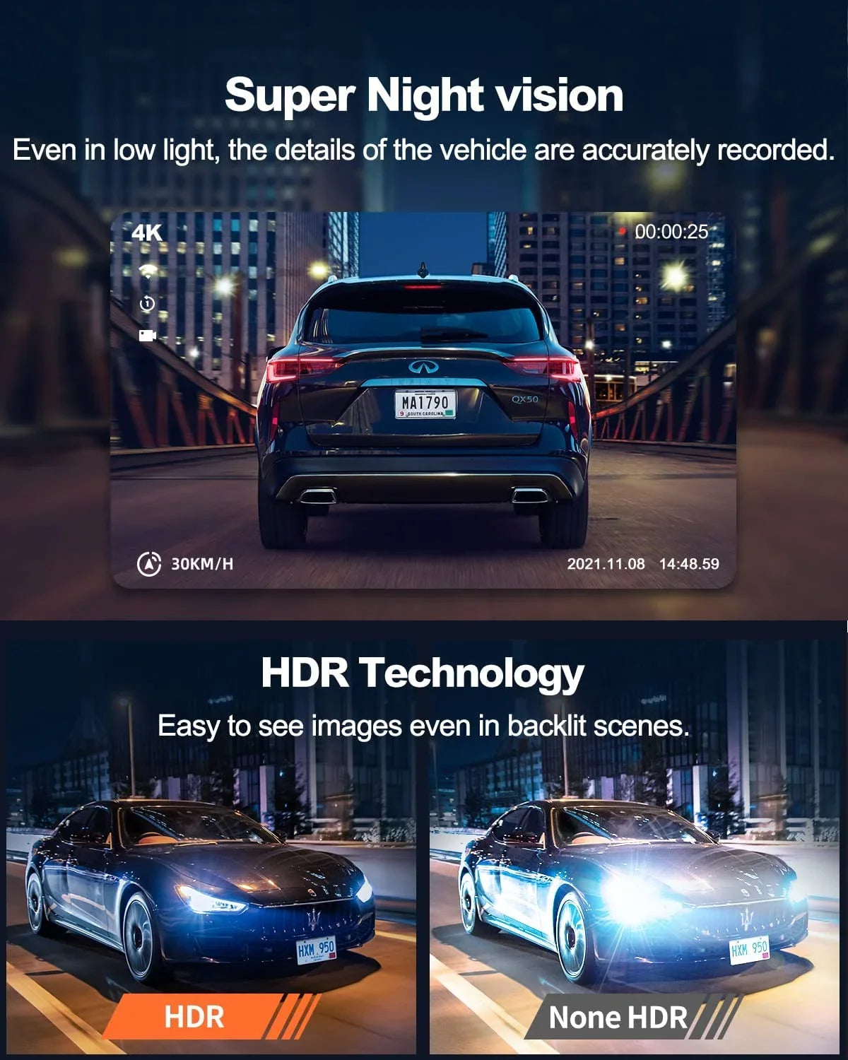 Super GPS, Accident 4K 3" Dash Parking 4K+HDR Dash and Dash Cam Vision, for Rear, Mode, Front with 5G LCD Record Night App, Yeecore Dual 1080P Cam G-Sensor, Camera Cars Real WiFi