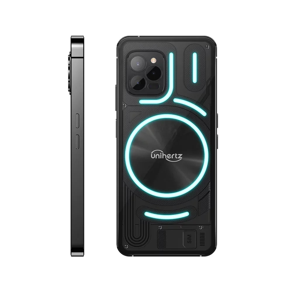 5000 12 Industrial Transparent 108MP Luna LED NFC, Back Charging, Smartphone, mAh Smartphone with - Unlocked Android 4G and Battery Light, Camera, Unihertz Colorful Design Fast (Black)