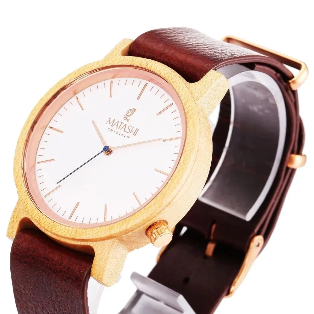 Matashi Womens Travel, 1ATM liquid Brown Casual and Mens Leather Wooden Business Watch Strap, Swiss Resistant, or w Wrist
