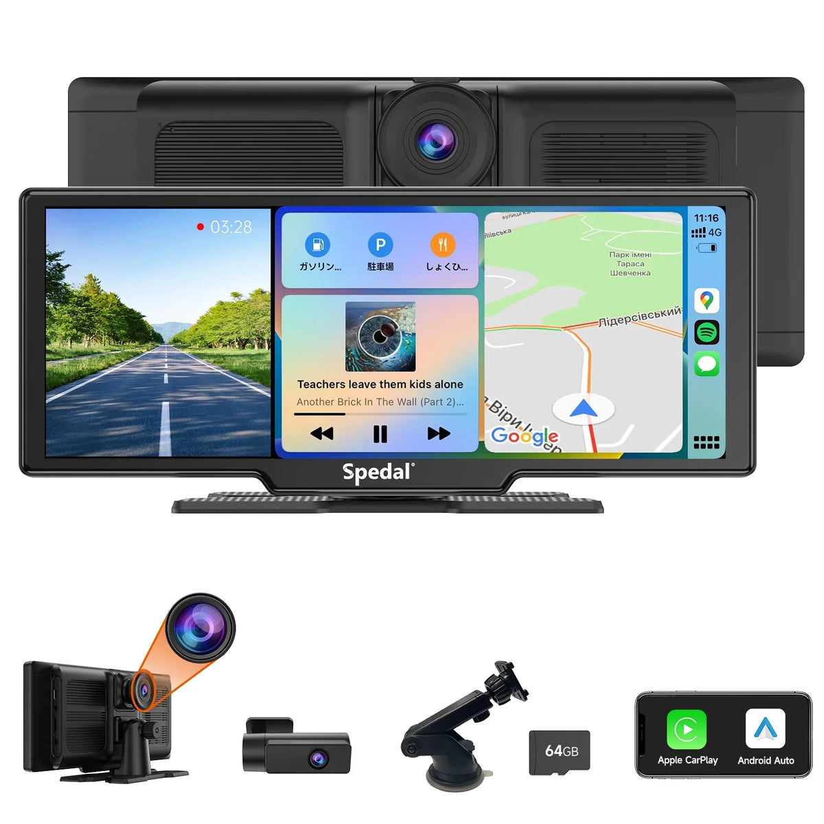 Car Bluetooth Dash Front 1080p Camera 4K and Stereo Screen 9.3" Stereo CarPlay CarPlay CL860 Spedal Cam Unit GPS Car Wireless Receivers with Rear Navigation Rear- Portable Head Auto ＆Android