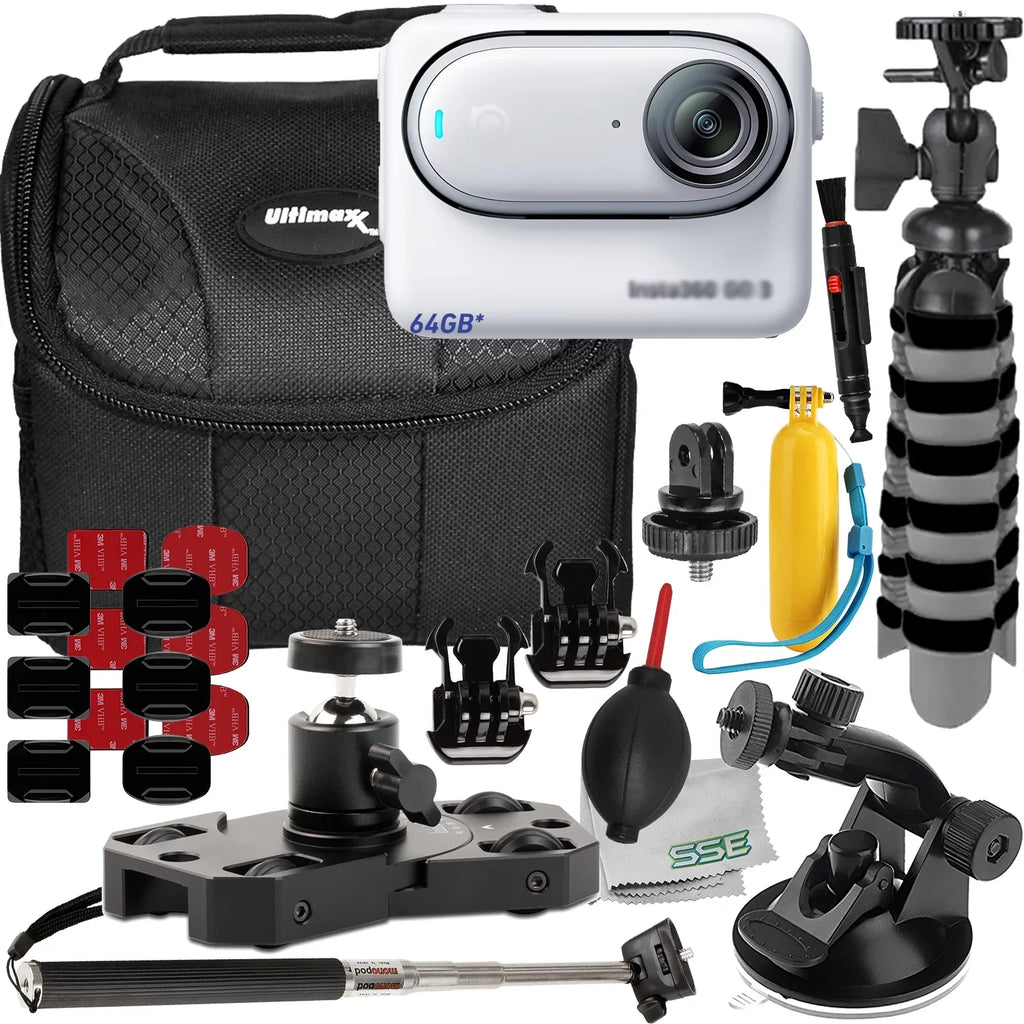 Ultimaxx & Mini GO Cam 3 (64GB) Adapter Metal Action (25pc More Camera Action 1/4” Dolly Screw for Insta360 Advanced Mounts, Bundle) Bundle Includes: -