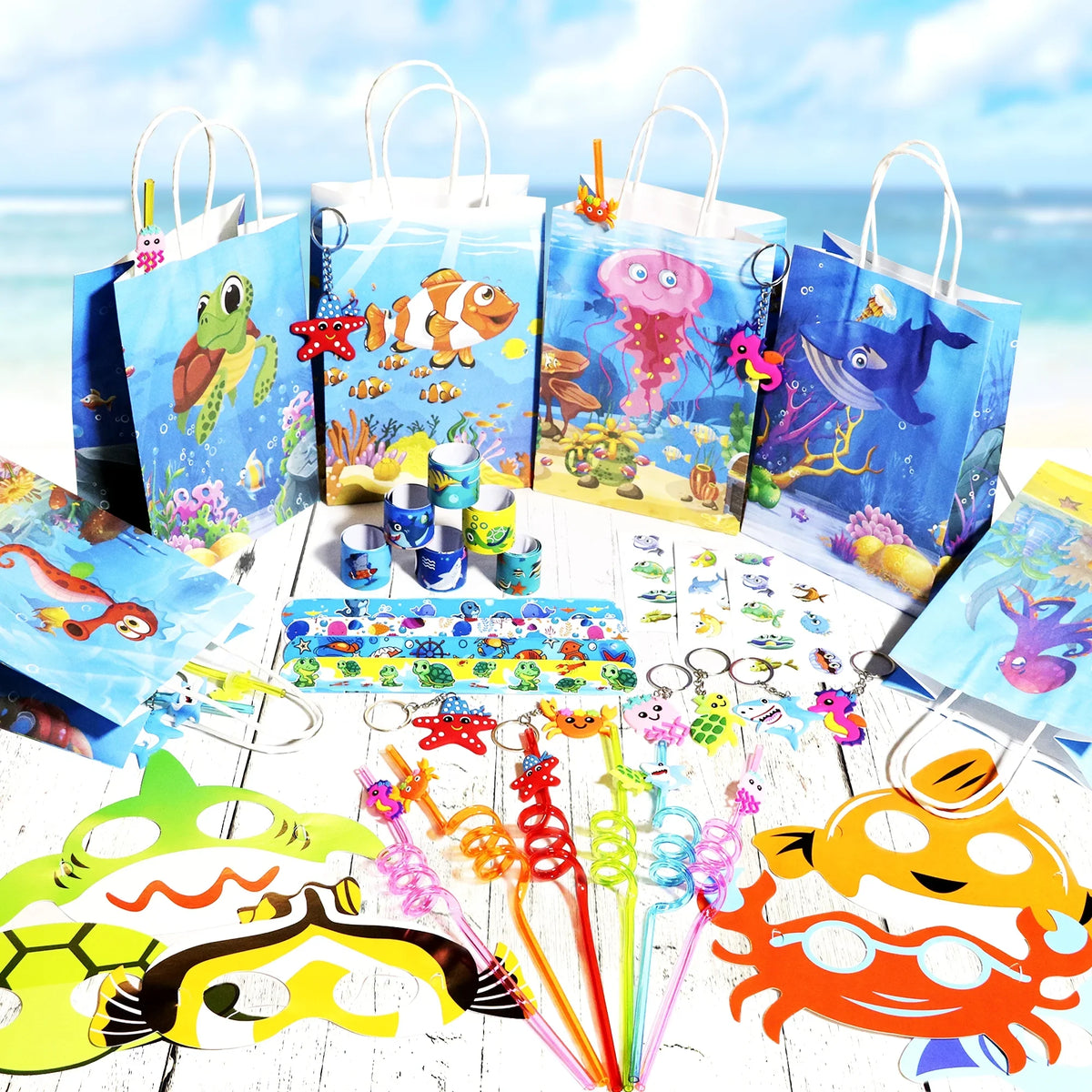 Bags Animal 12 Sea Ocean of Stickers Party Pcs Under Treat 72 Set design Keychain Sea The party Under Straw Supply Mask For The Kids Favors, Birthday