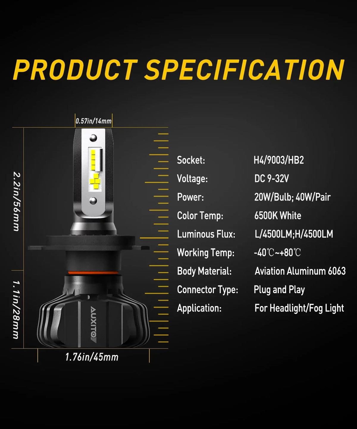 9003 2 Adjustable White, Dual AUXITO Kit 6500K Conversion Bulb LED Night H4 Beam 300% Beam Fanless, Pack Xenon of HB2 Visibility