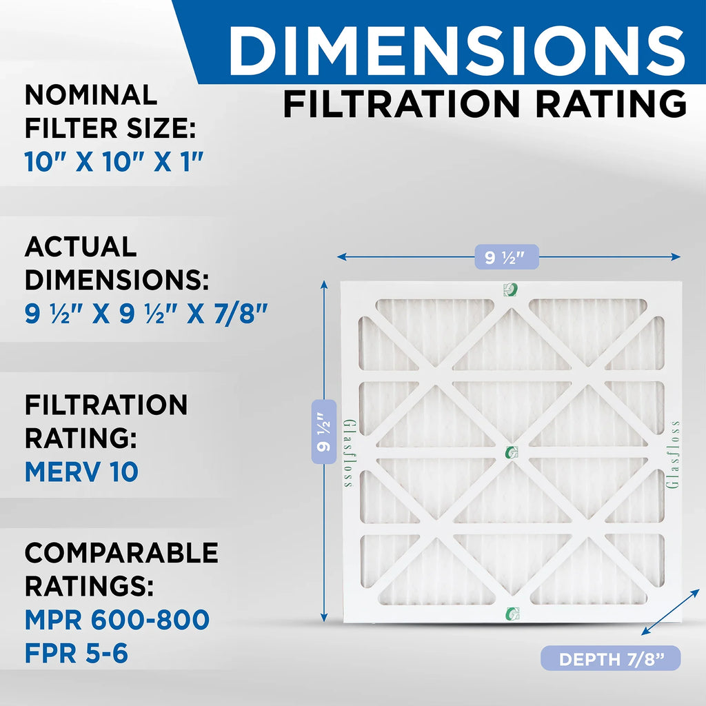 dimension: Pack 9-1/2 10x10x1 of 10 Air Actual MERV x Glasfloss. 9-1/2 x 7/8 Pleated by Filters 12