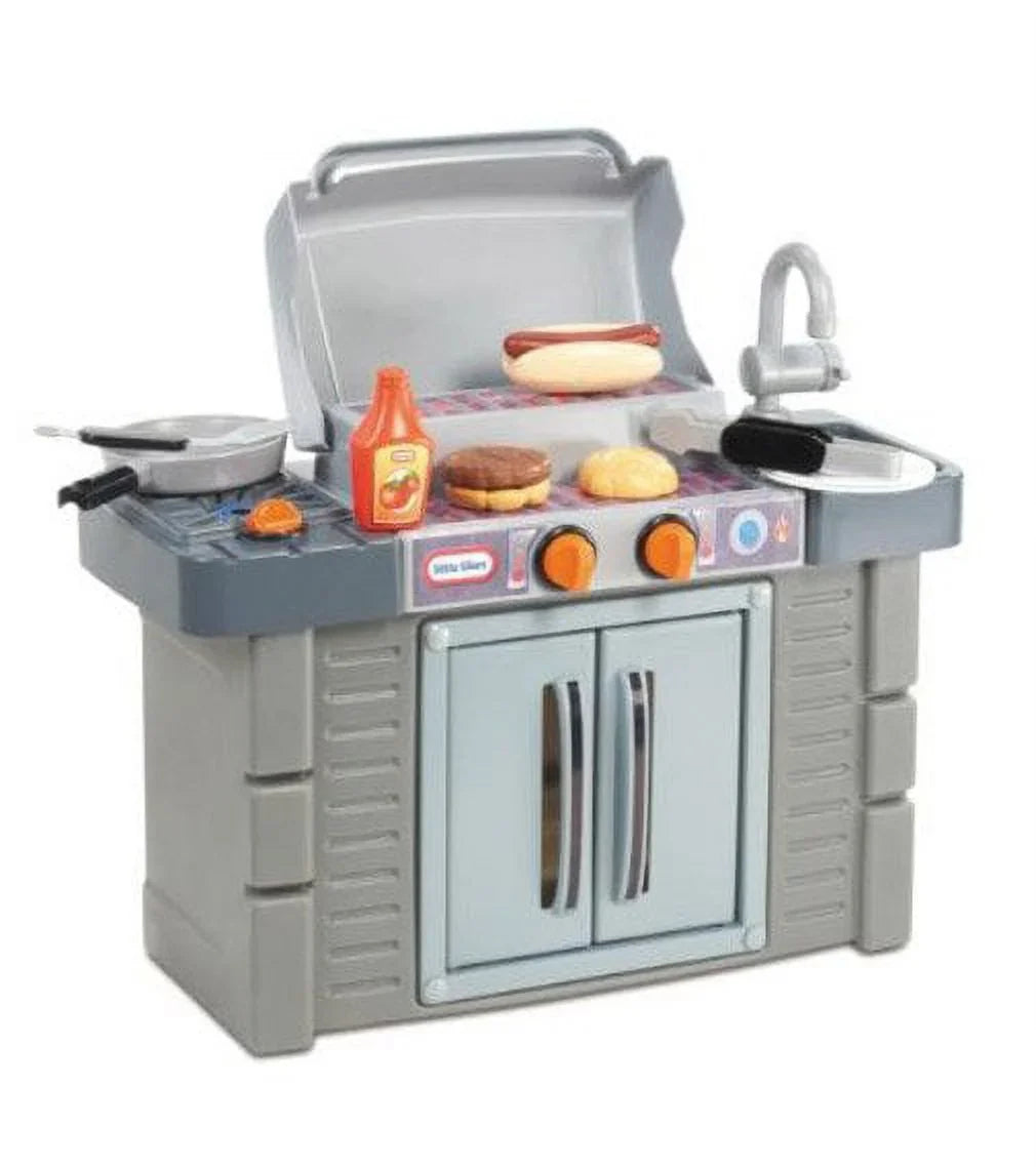 Little Girls Play Grow Playset, BBQ 2 Kitchen 8-Piece Toys Toddlers Gray, Ages 3 'n For Kids Grill 4+ Boys Cook Tikes Pretend