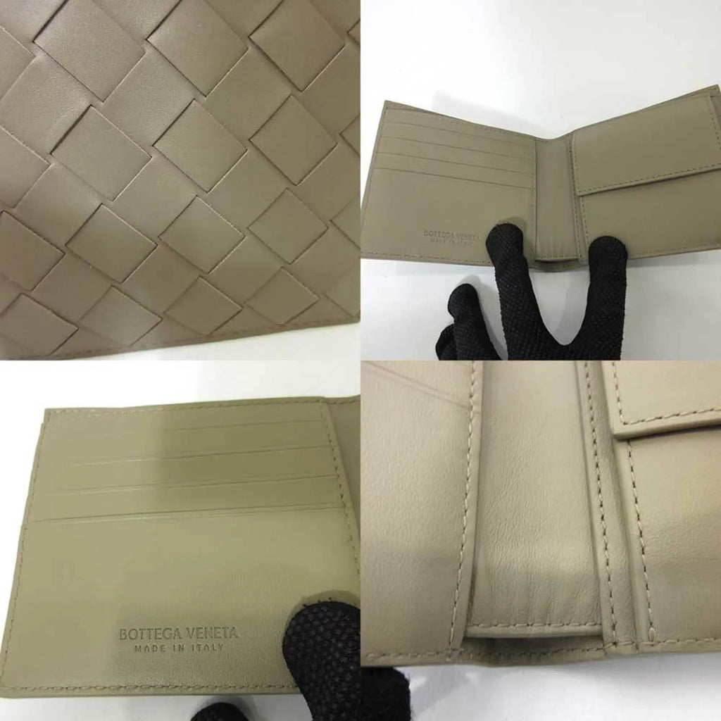 New) (Like Mini Folded Women's Bottega Wallet Calf Veneta Greige Pre-Owned Intrecciato Beige Square Men's