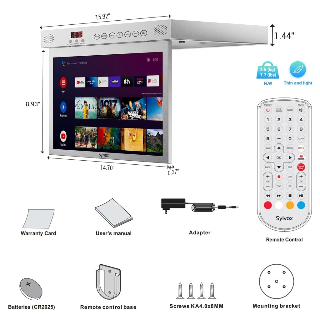 Support Smart Android Bluetooth(Silver） Kitchen WiFi Built-in Under TV inch TV, TV, 15.6 Smart SYLVOX Play, 1080P Cabinet Assistant FHD