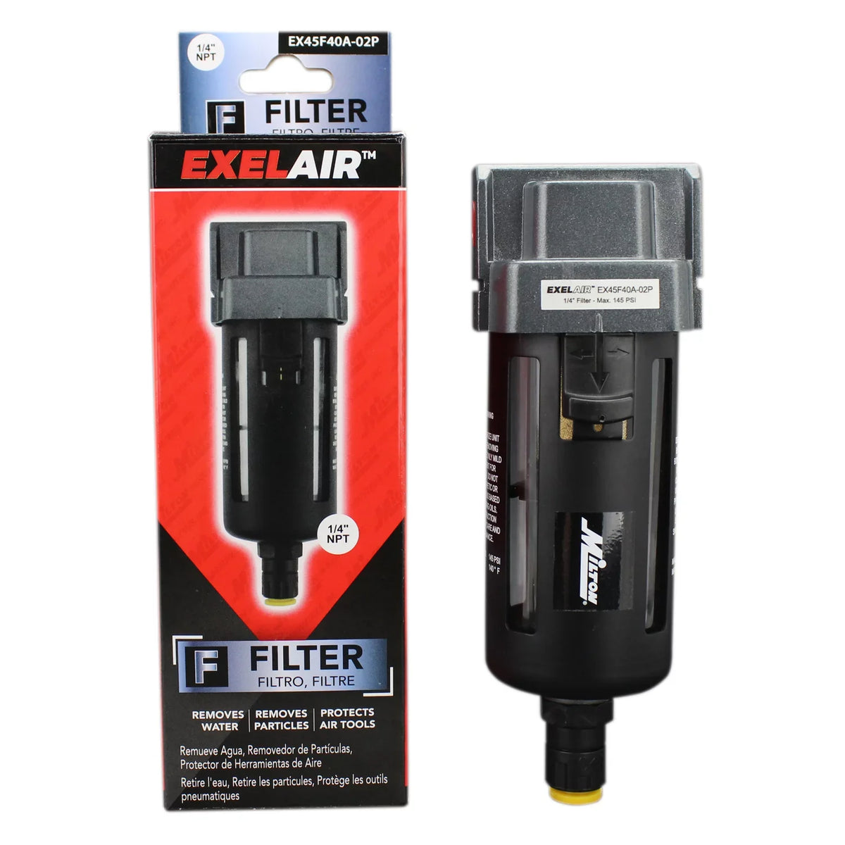 Filter - - 1/4" NPT Bowl, FRL Air by Polycarbonate Float/Overnight EXELAIR? (EX45F40A-02P) Milton Automatic