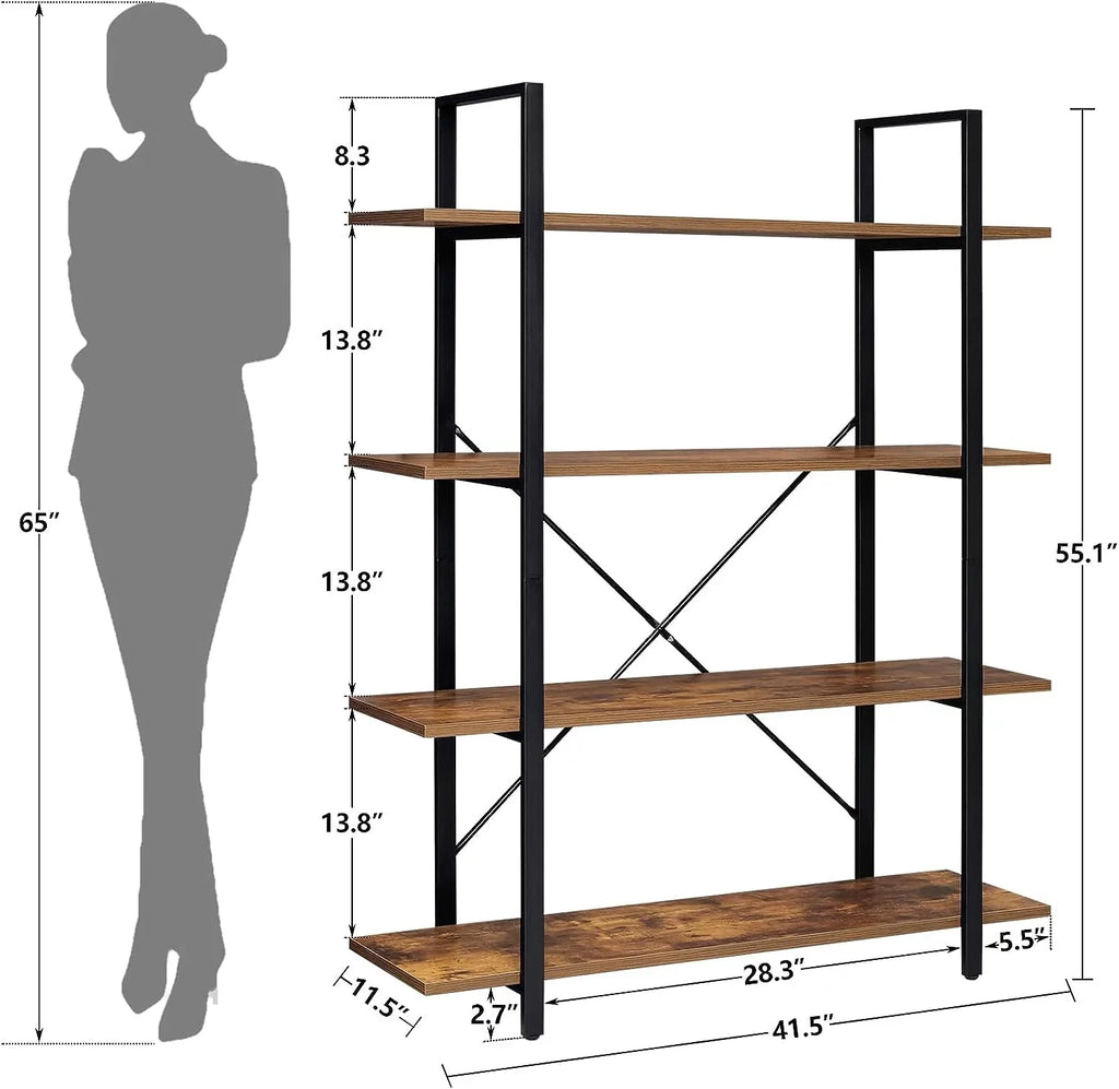 Bedroom, Rustic 4-Tier Home Office, Display Shelf, Frame, Bookcase Metal Shelves for DIQIN Open Living Bookshelf, Tall Book with Brown Room,