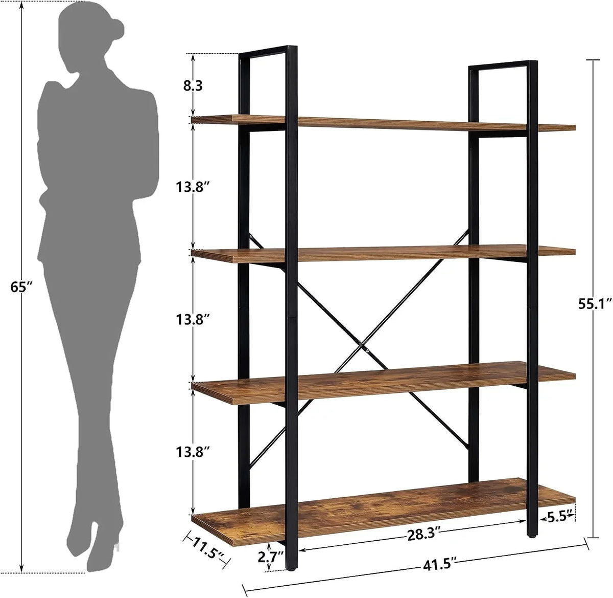 Bedroom, Rustic 4-Tier Home Office, Display Shelf, Frame, Bookcase Metal Shelves for DIQIN Open Living Bookshelf, Tall Book with Brown Room,