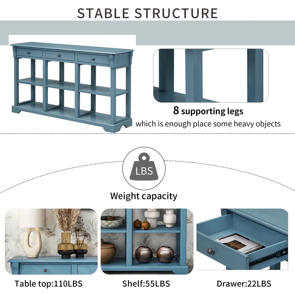 (Navy TREXM and Living Room SKU WF298765AAM) Open Retro Console Table/Sideboard OLD Shelves Ample for Drawers with Storage