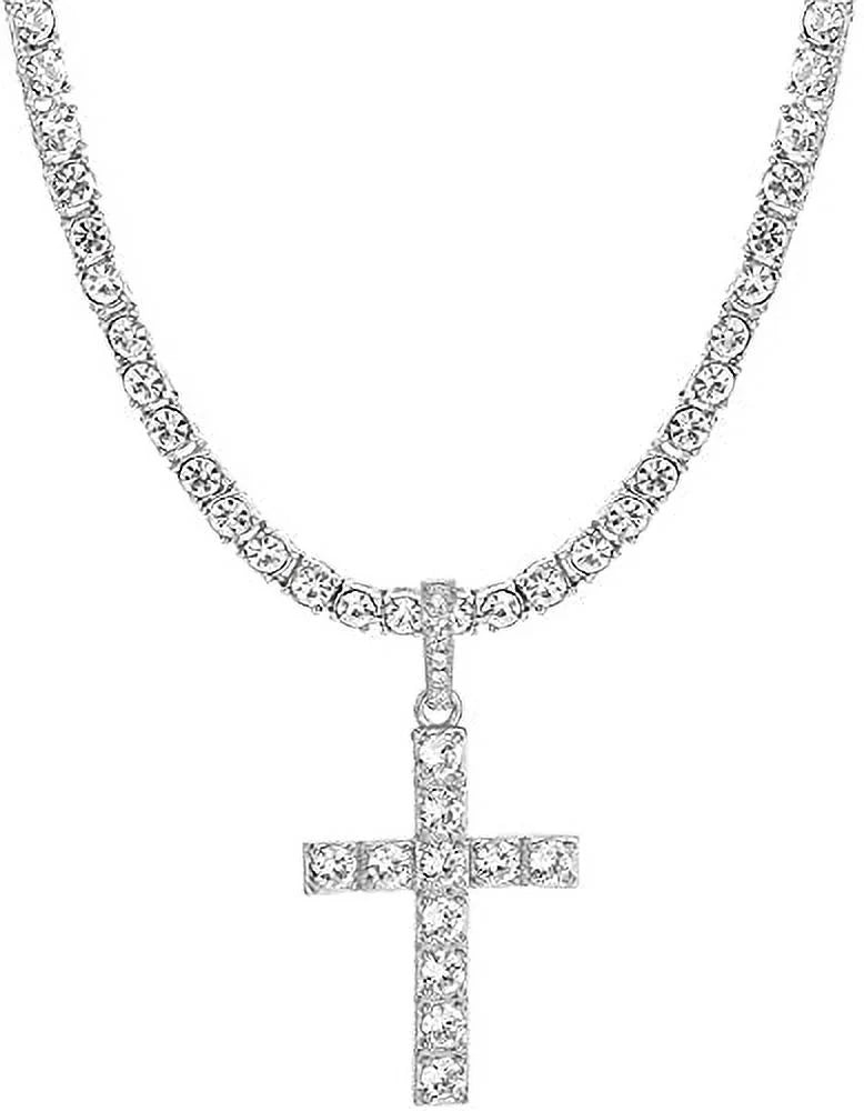 Set Wristwatch Set - (24") The Raymond Iced Cross Bracelet & Choose Shiny Tennis Out Be Out Quartz 3pc Necklace Cuban SLV ZZ Mens Luxury w/Diamond Blinged - Charles Lit Dial ST10327AR Matching