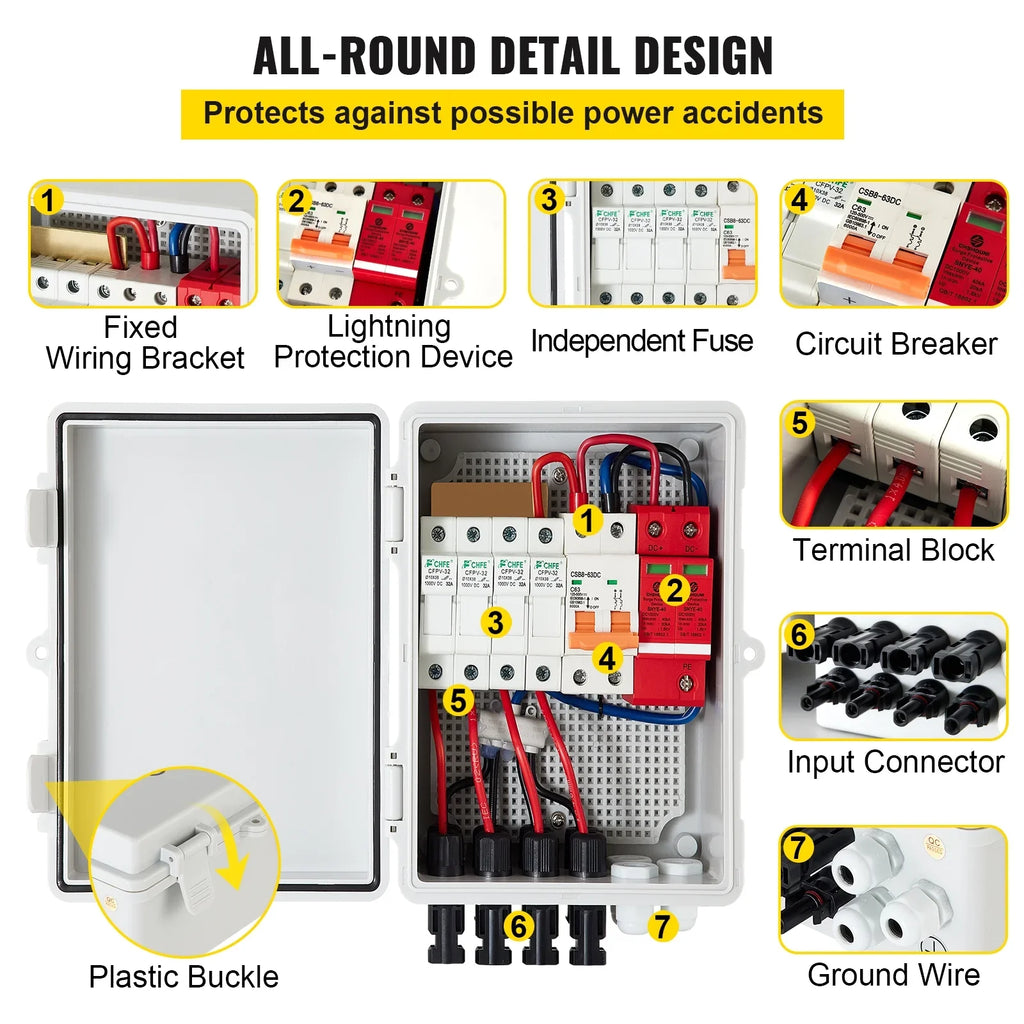 Grid Combiner VEVOR String, On Rated Breaker, IP65 Solar Box Combiner Lightning PV 15a Solar System, Panel Connector, with Off Fuse, Arreste Circuit 63a Current Box, / Waterproof for and 4 Solar