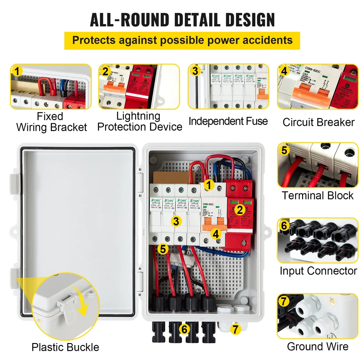 Grid Combiner VEVOR String, On Rated Breaker, IP65 Solar Box Combiner Lightning PV 15a Solar System, Panel Connector, with Off Fuse, Arreste Circuit 63a Current Box, / Waterproof for and 4 Solar