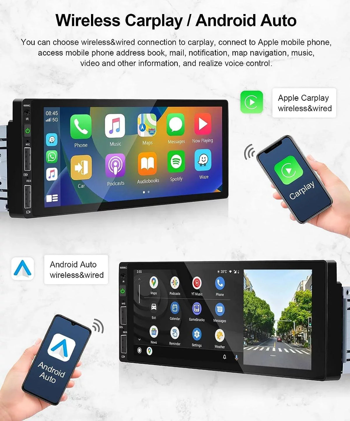 Car USB,with Podofo Bluetooth Receiver Link Mic&Backup 6.86'' HD Camera Stereo Wireless Player Single Din 1 Android Car Touchscreen Radio Carplay Mirror Multimedia Audio FM Auto MP5