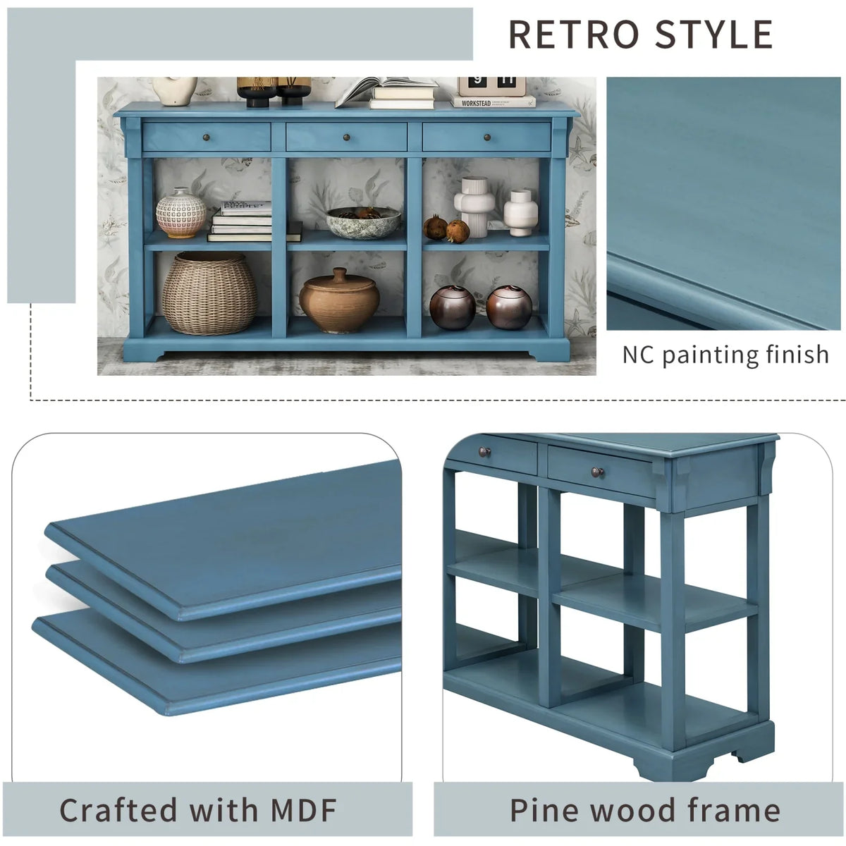 (Navy TREXM and Living Room SKU WF298765AAM) Open Retro Console Table/Sideboard OLD Shelves Ample for Drawers with Storage