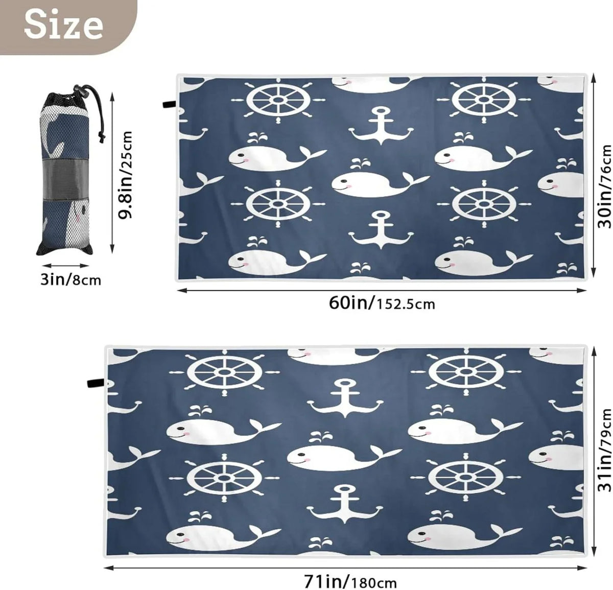 Holiday Camping - for Anchor Travel Swimming Compact Absorbent Bestwell Towel Oversized Beach Towel Lightweight Cartoon Towels - Whale Quick Super Retro Dry （429）