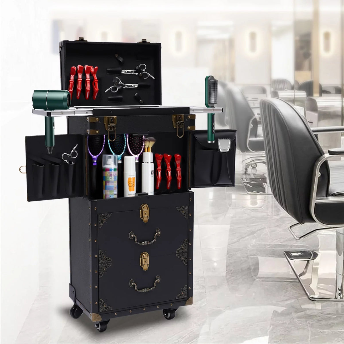 Travel Rolling Case, Beauty Holder Box Cosmetic Lockable Organizer Luggage, Salon Stylist Hairdressing Dryer with Makeup Train Miumaeov Hair Trolley Tool