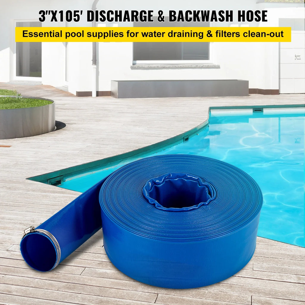 105', Backwash with Burst-proof, VEVOR 3" Hose, for x PVC Flat Swimming Ideal & Duty liquid Transfer, Hose, Blue Lay Clamps, Heavy climate-proof Fabric Hose Discharge & Drain Pool