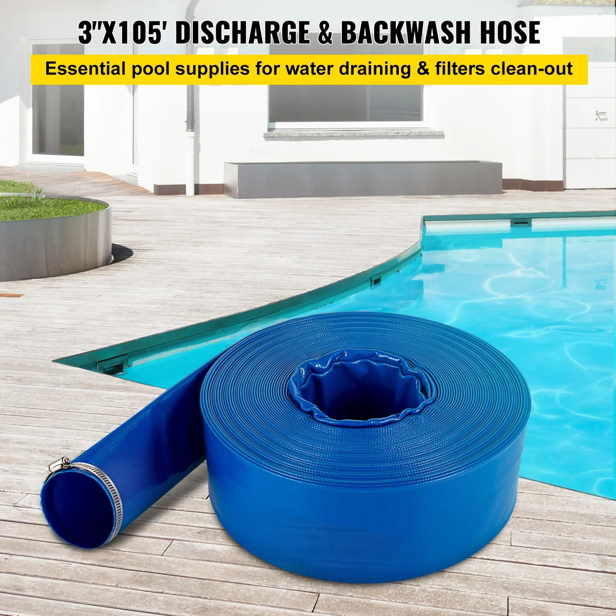 105', Backwash with Burst-proof, VEVOR 3" Hose, for x PVC Flat Swimming Ideal & Duty liquid Transfer, Hose, Blue Lay Clamps, Heavy climate-proof Fabric Hose Discharge & Drain Pool
