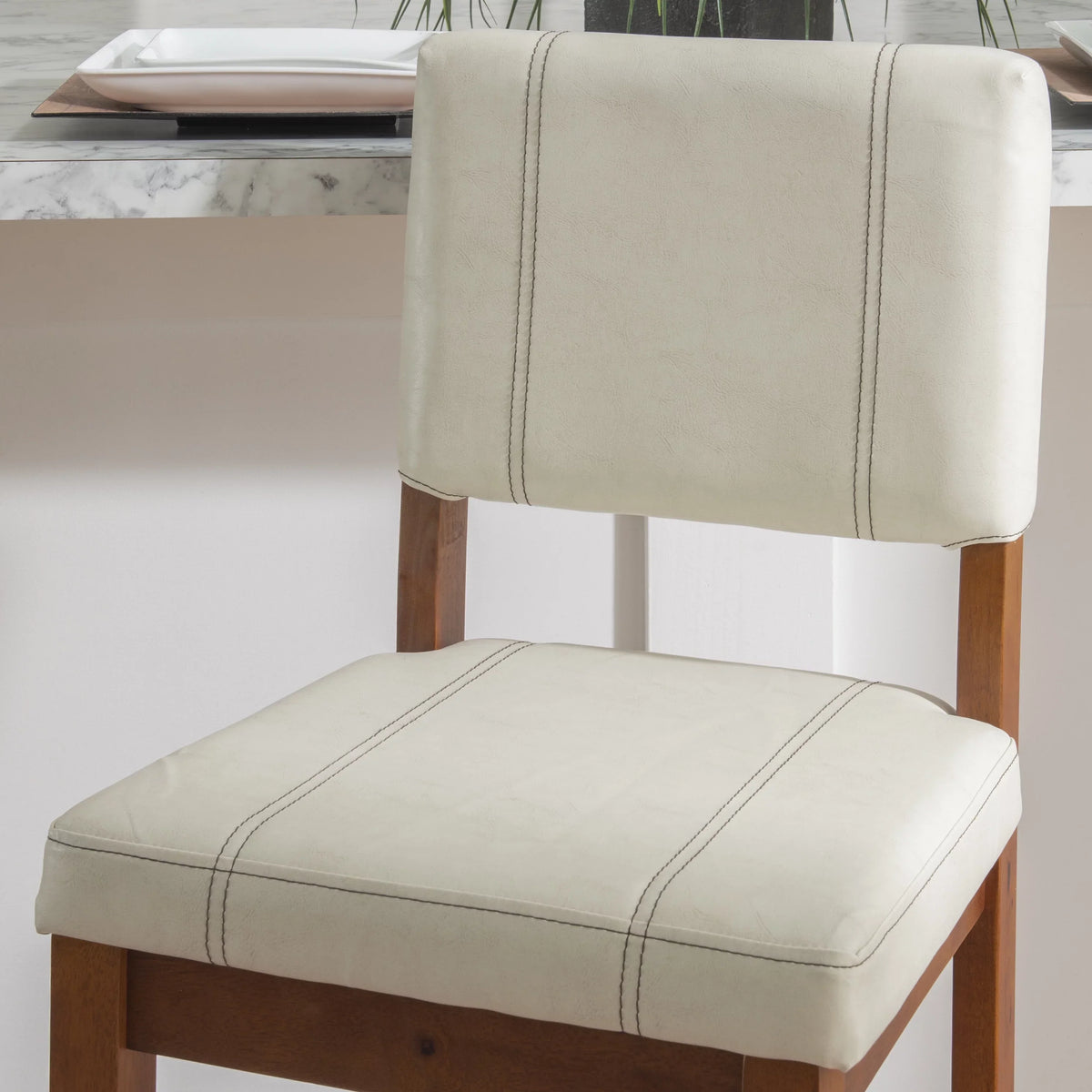 Dark Finish Medium Stool, PVC 30" Seat Mulberry Cream Height, Padded Bar Linon Fabric with Walnut