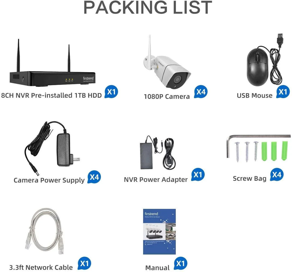 1TB with Wireless,Firstrend Video Free 1080P for exterior Full Security 3MP Camera HD System App Surveillance Indoor 8CH 4pcs Night Security Home HDD Wireless Cameras Vision Detection Systems Motion