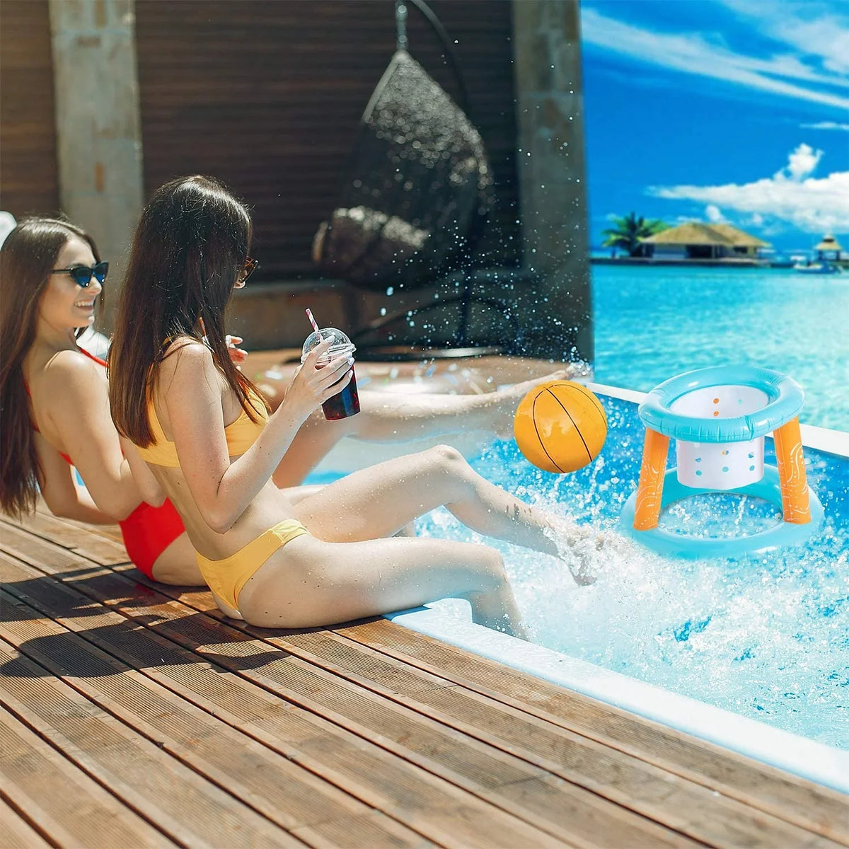 Ball, Court Net Blue Fun Marigold 2 exterior | Game Kids, Basketball Light Volleyball for Volleyball Pool Swimming Inflatable Basketball Adults, with & Family Hoops