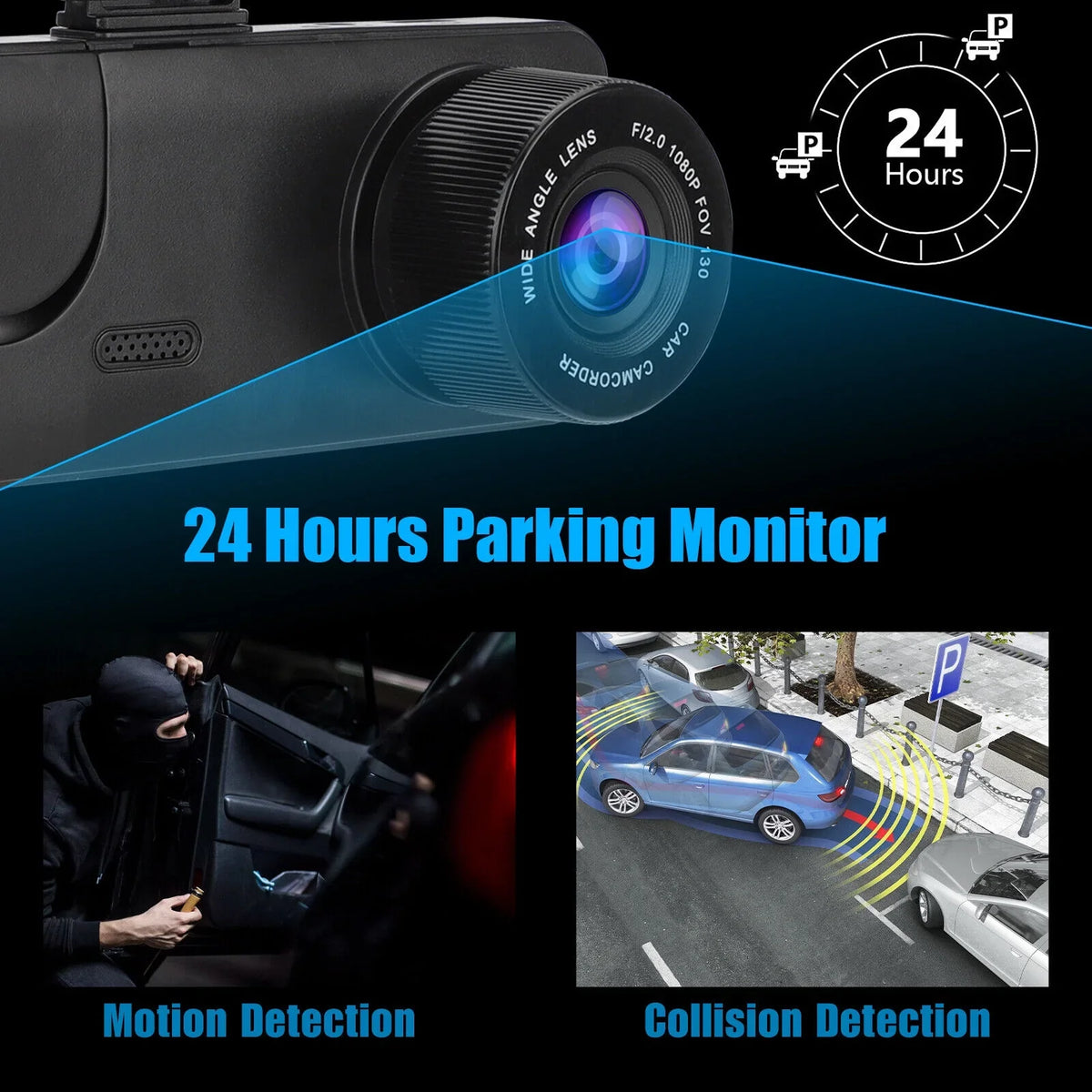 Dual Video Recorder 2" Dash 1080P Front/Rear/Inside G-sensor Lens HD Car Camera