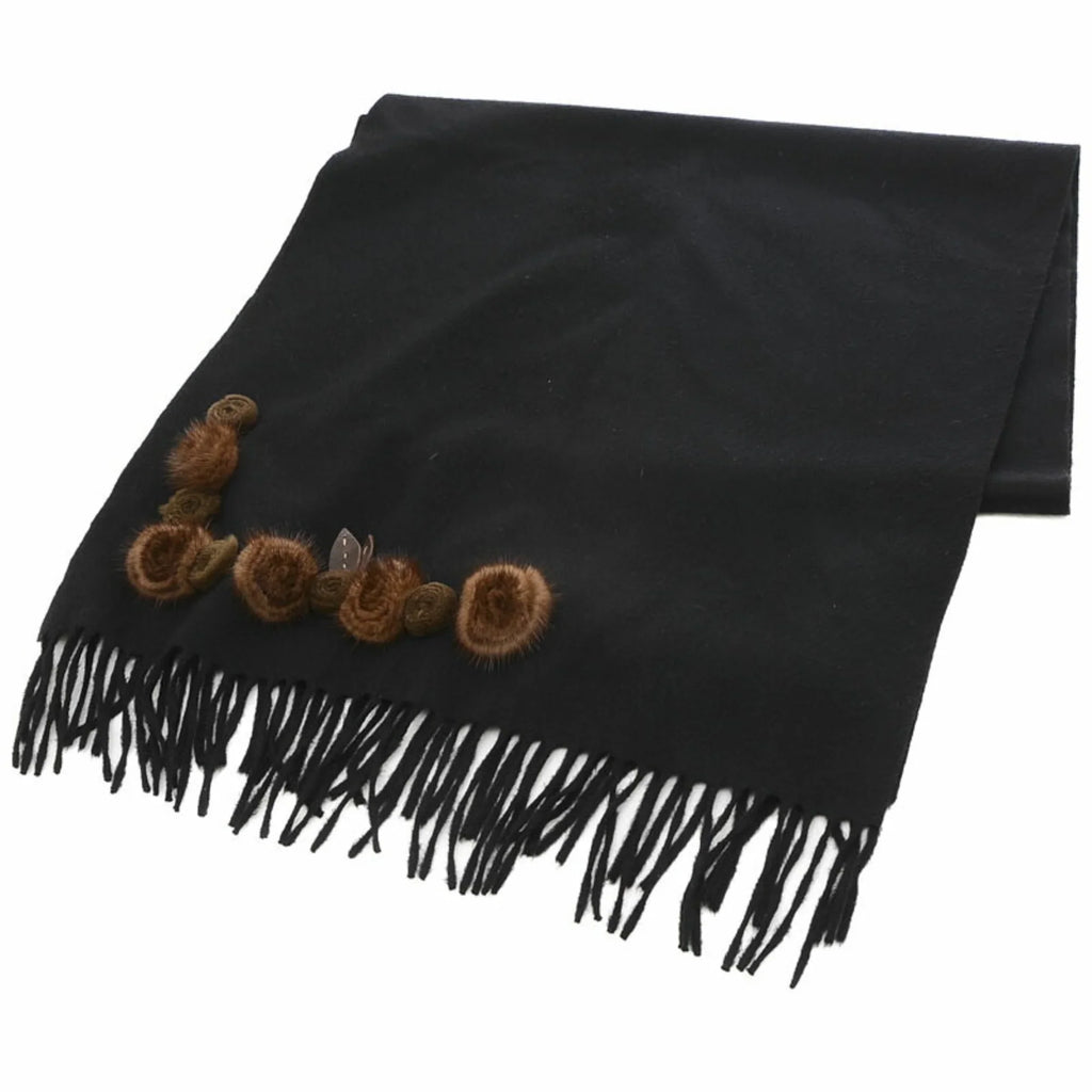 Fendi Black Cashmere 100% Stole Flower Motif Scarf Pre-Owned (Good)